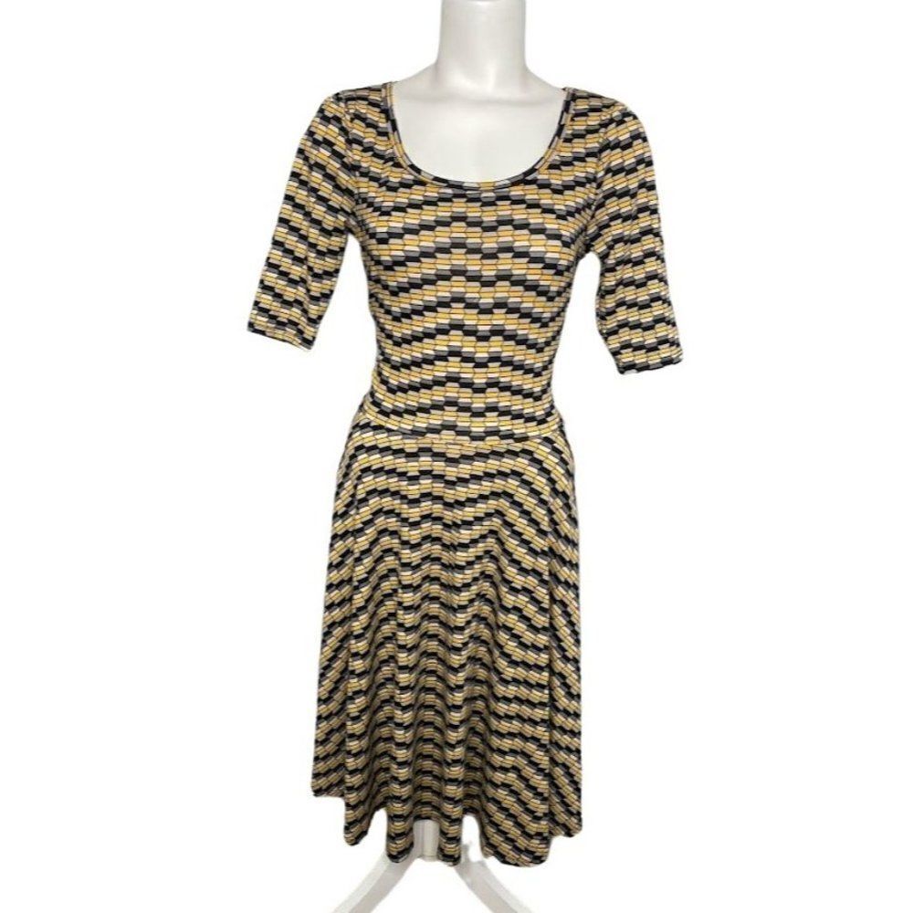 LuLaRoe NICOLE Fit Flare A LIne Yellow Black Gray Geometric‎ Print Dress Medium